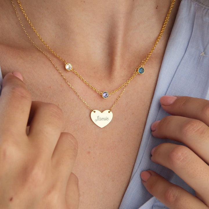 Custom Bezel Birthstone and Engravable Heart Layering Set