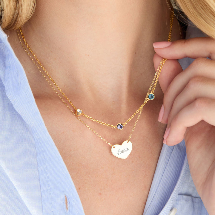 Custom Bezel Birthstone and Engravable Heart Layering Set