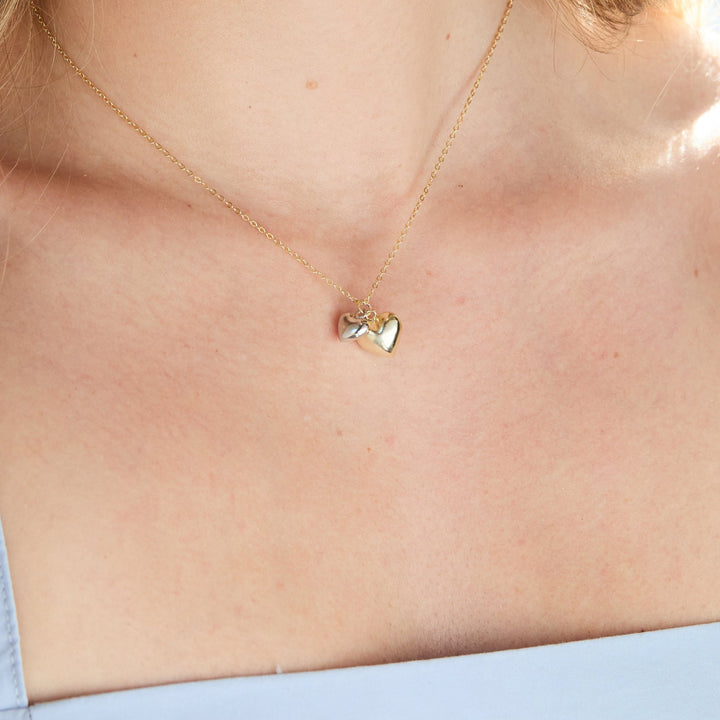 Sterling Silver Two Tone Puffy Duo Heart Necklace