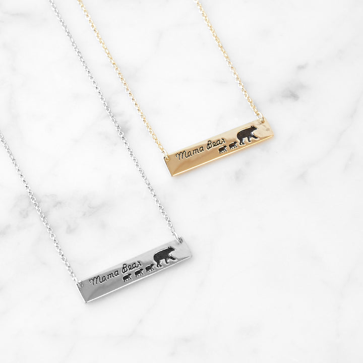 Mama Bear and Three Baby Cubs Silver Name Bar Necklace