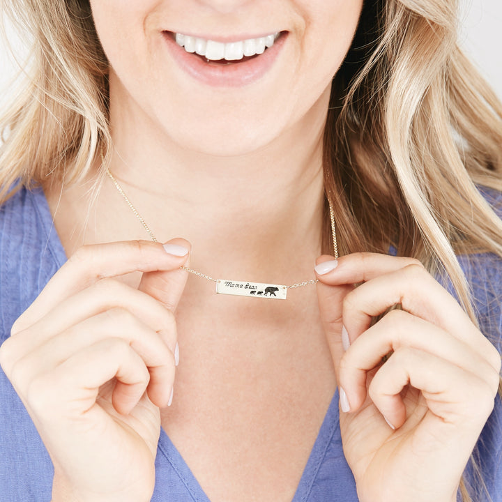 Mama Bear and Three Baby Cubs Silver Name Bar Necklace