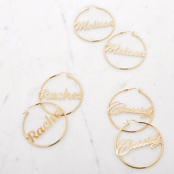 Magnolia Script Gold Name Hoops