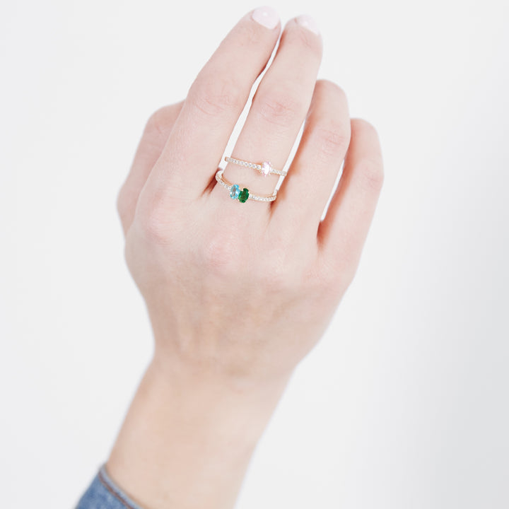 Two Stone Oval Birthstone Pave Band Gold Ring