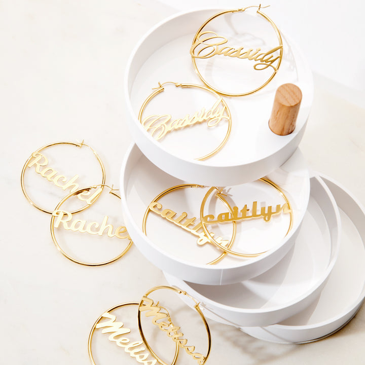 Magnolia Script Gold Name Hoops