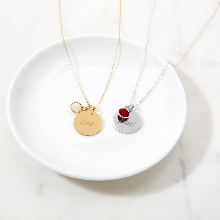 Dangling Birthstone Engravable Silver Round Tag Pendant
