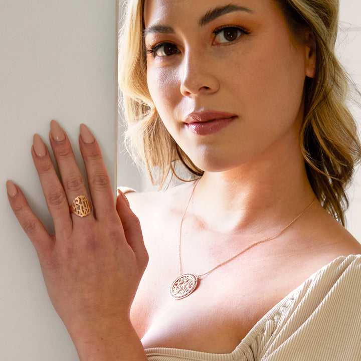 Fancy Script Monogram Rose Gold Ring