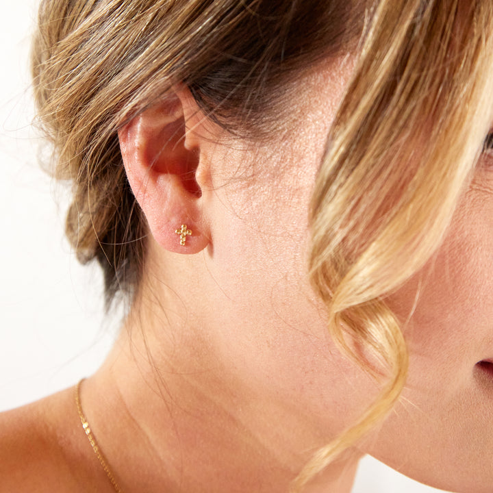 14K Gold Cross Stud Earrings