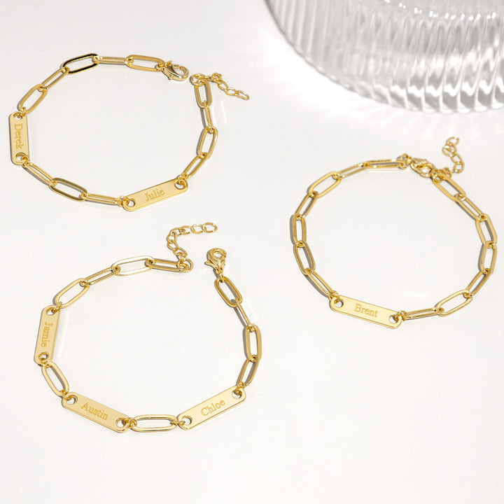 Gold Plated Paperclip Chain Engravable Two Name Bar Bracelet