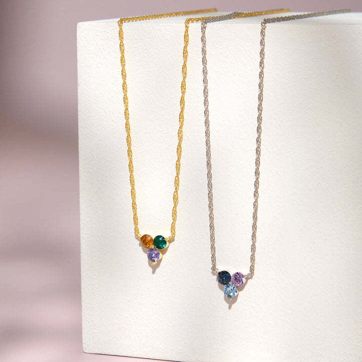 Three Stone Flower Bezel Set Birthstone Necklace