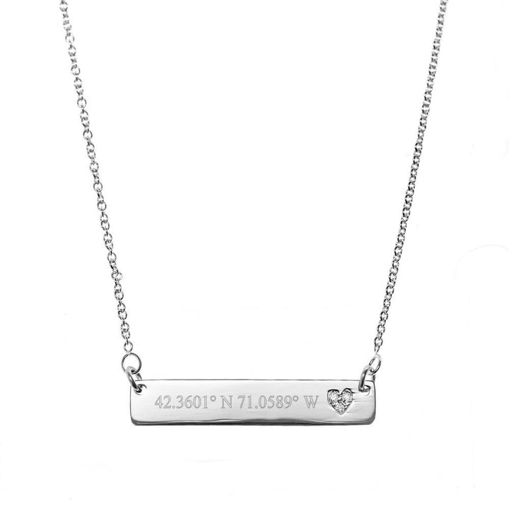 Custom Coordinate Silver Name Bar with Diamond Heart
