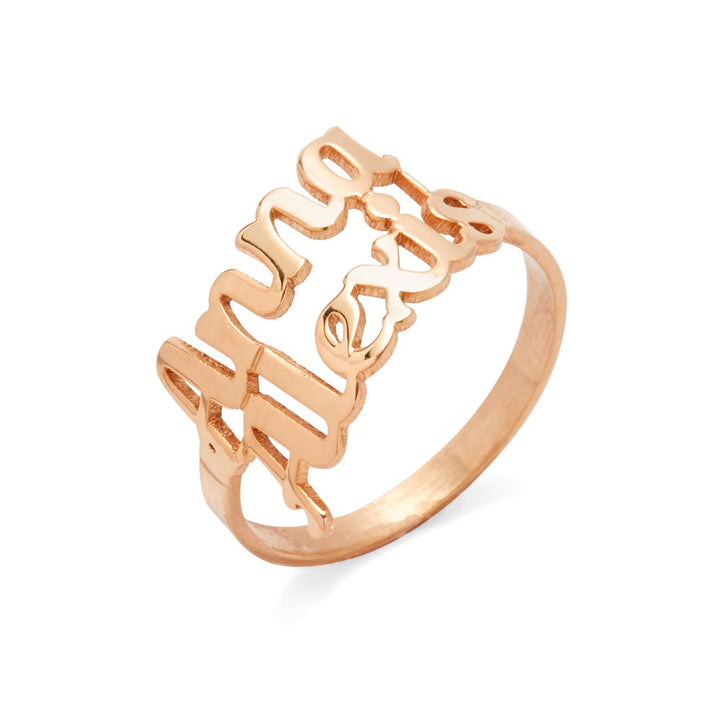 Magnolia Script Custom Rose Gold Double Name Ring