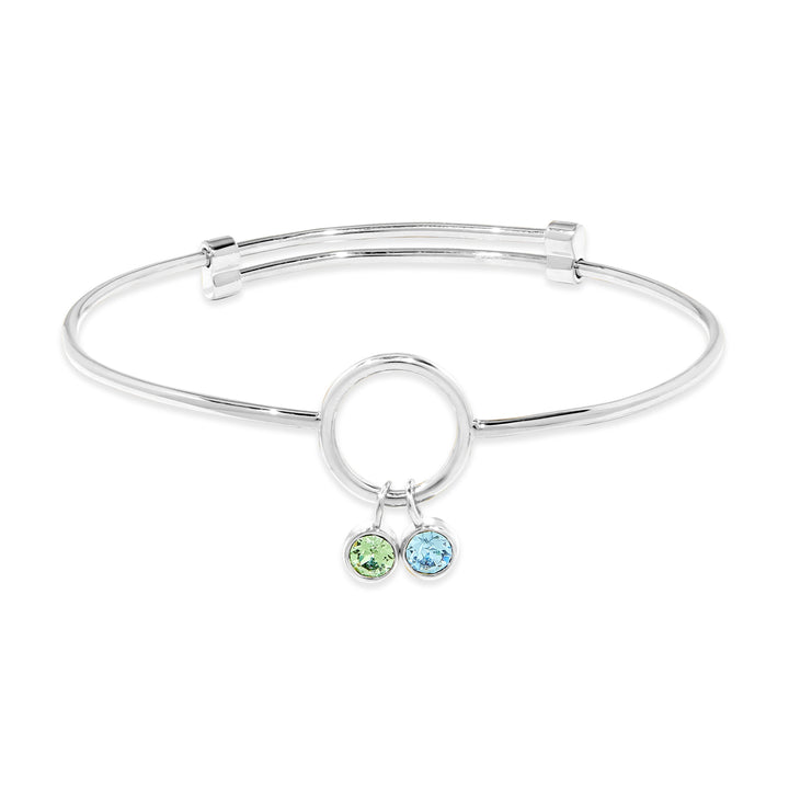 Two Stone Silver Birthstone Charm Bangle Bracelet