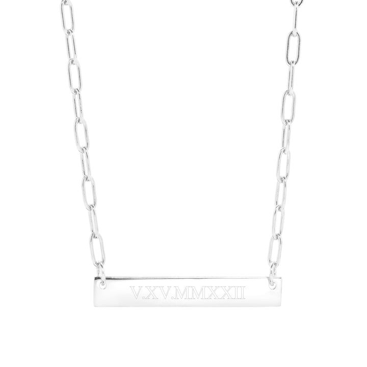 Engravable Paperclip Chain Roman Numeral Bar Necklace