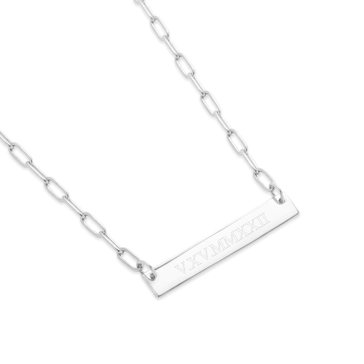 Engravable Paperclip Chain Roman Numeral Bar Necklace