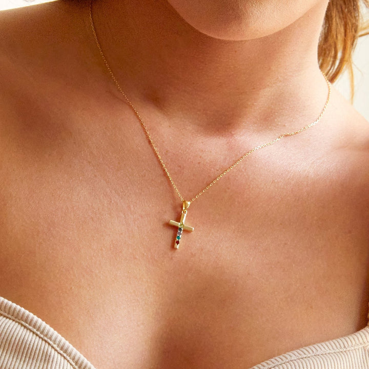 3 Stone Gold Cross Birthstone Pendant