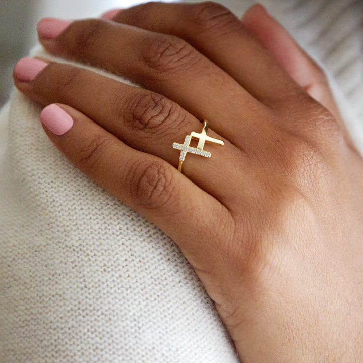 Gold Plated CZ Double Cross Ring