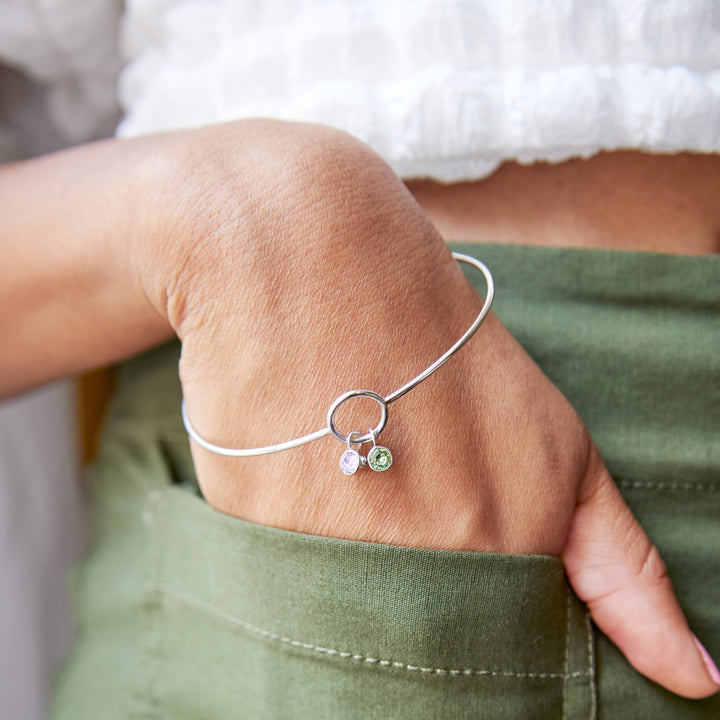 Two Stone Silver Birthstone Charm Bangle Bracelet