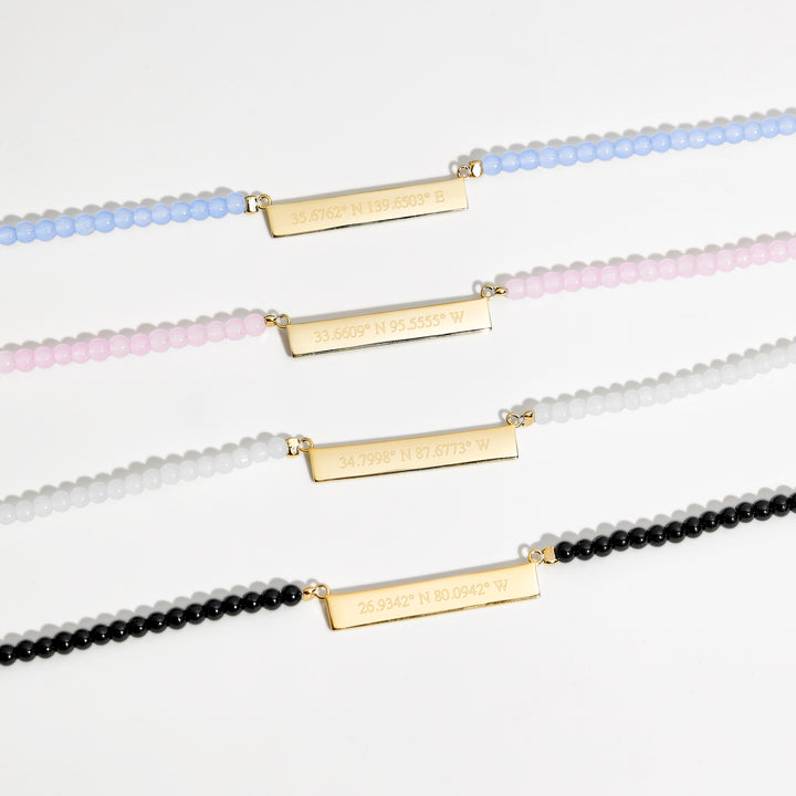 Engravable Rose Quartz Gold Coordinate Bar Necklace