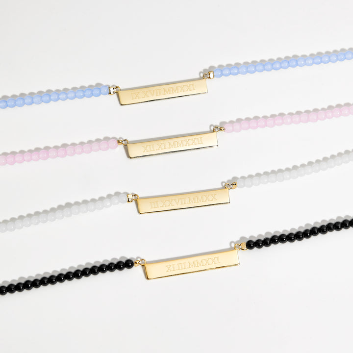 Engravable White Agate Gold Roman Numeral Bar Necklace