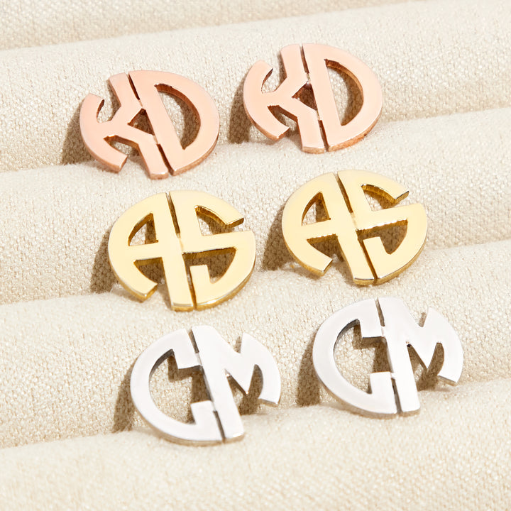 Two Initial Block Monogram Gold Earrings