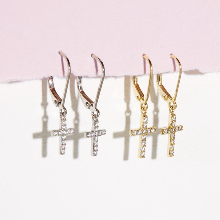 Gold Plated CZ Cross Drop Earrings