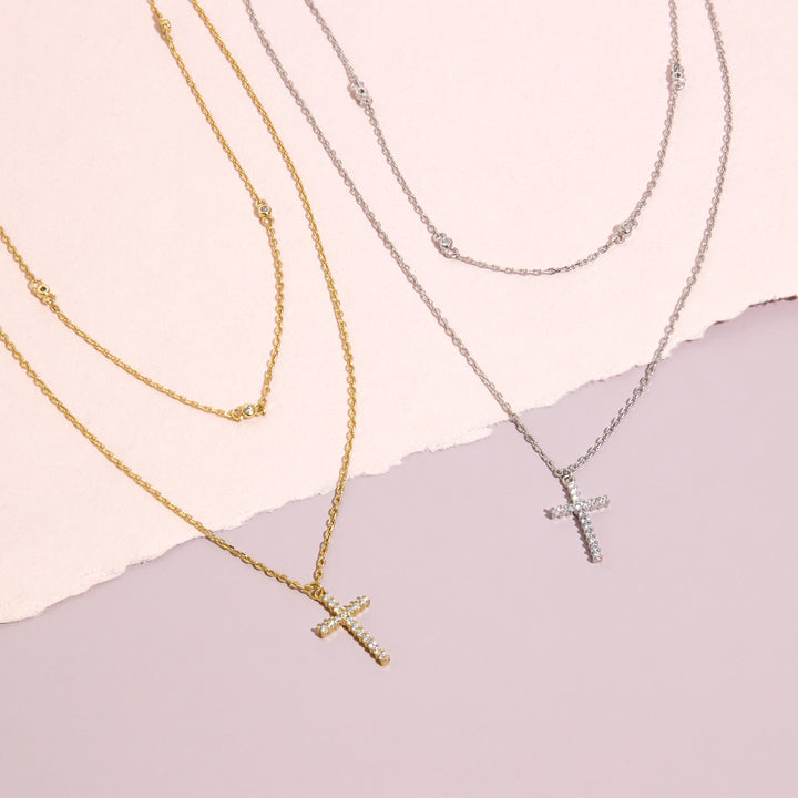 Gold Plated CZ and Cross Layered Necklace Set