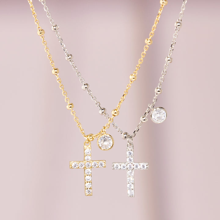 Gold Plated CZ Bezel and Cross Necklace