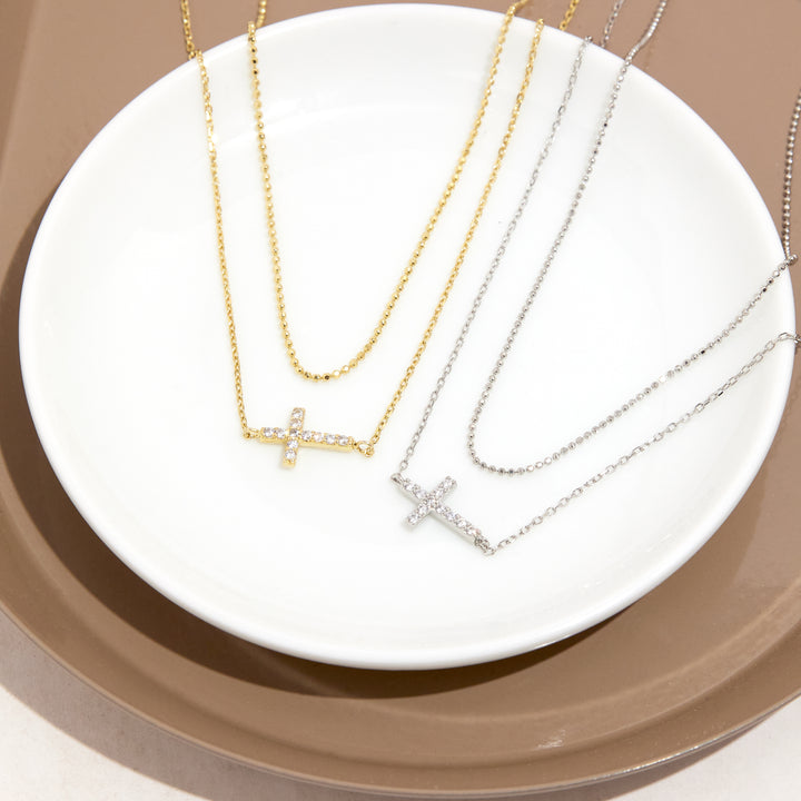 Sterling Silver CZ Sideways Cross Layered Necklace Set