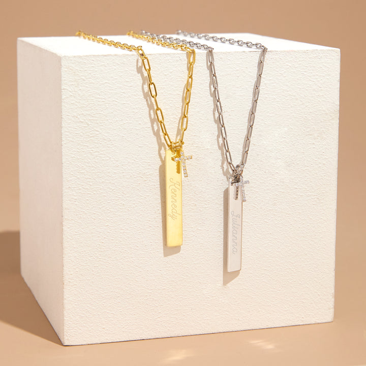 Engravable Paperclip Chain Vertical Bar CZ Cross Necklace