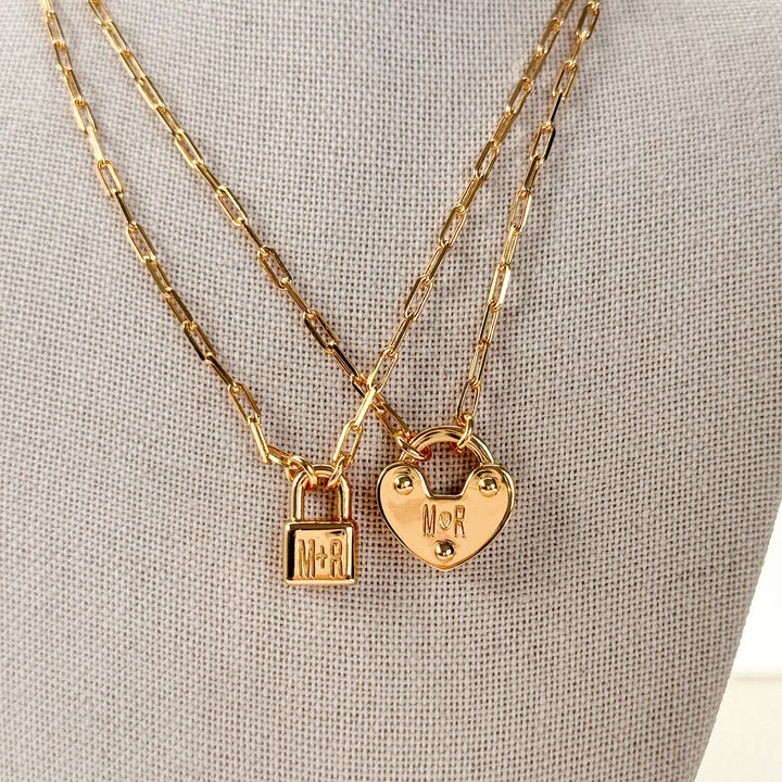 Engravable Couple Initial Heart Padlock Necklace