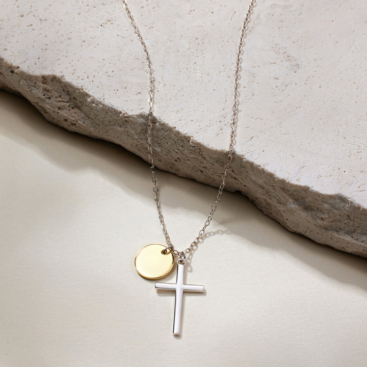 Sterling Silver Engravable Two Tone Cross Necklace