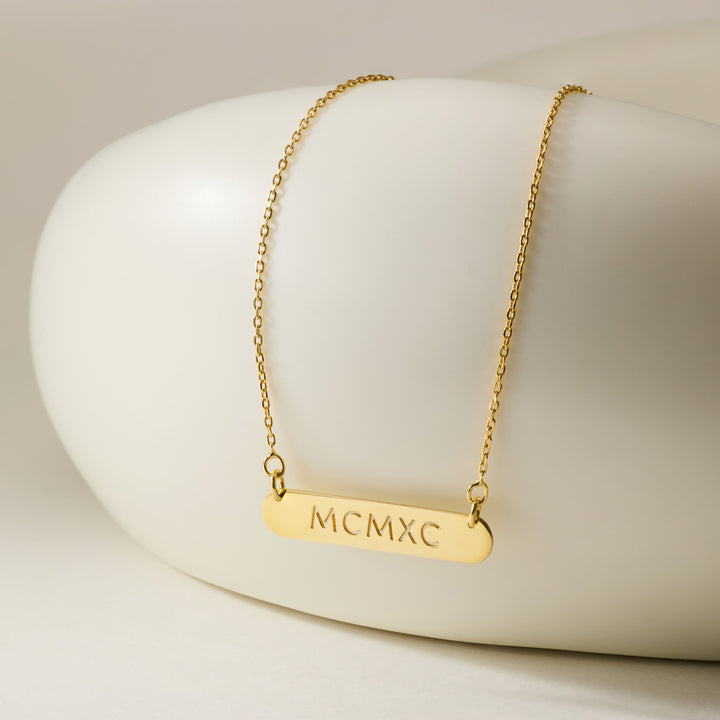 Custom Oval Name Bar Cutout Roman Numeral Necklace