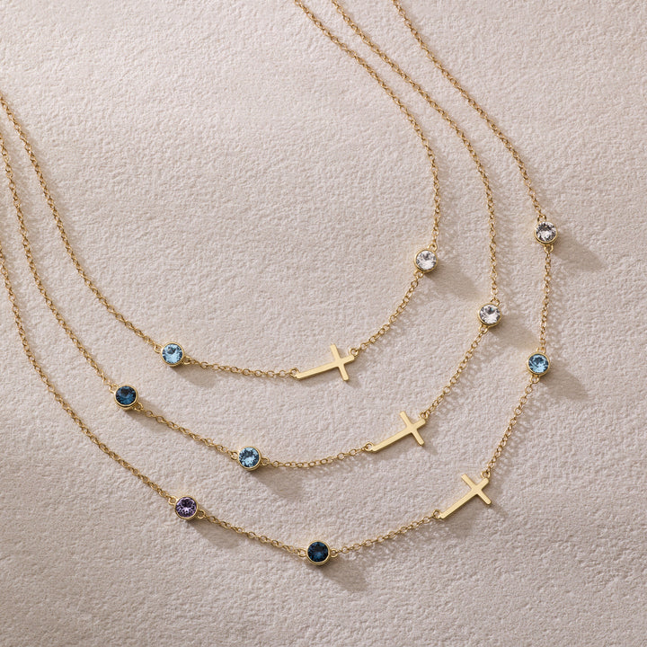 Custom Bezel Set Cross Station Birthstone Necklace
