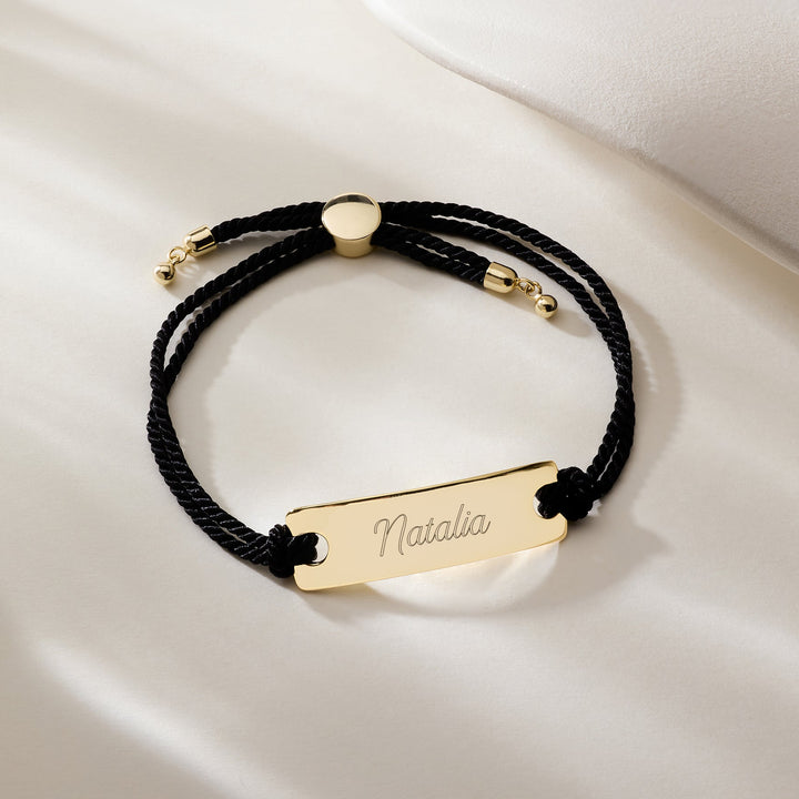 Engravable Bar Black Rope Bolo Bracelet