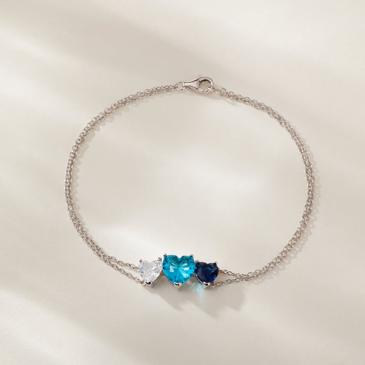 Custom 3 Stone Heart Birthstone Silver Bracelet