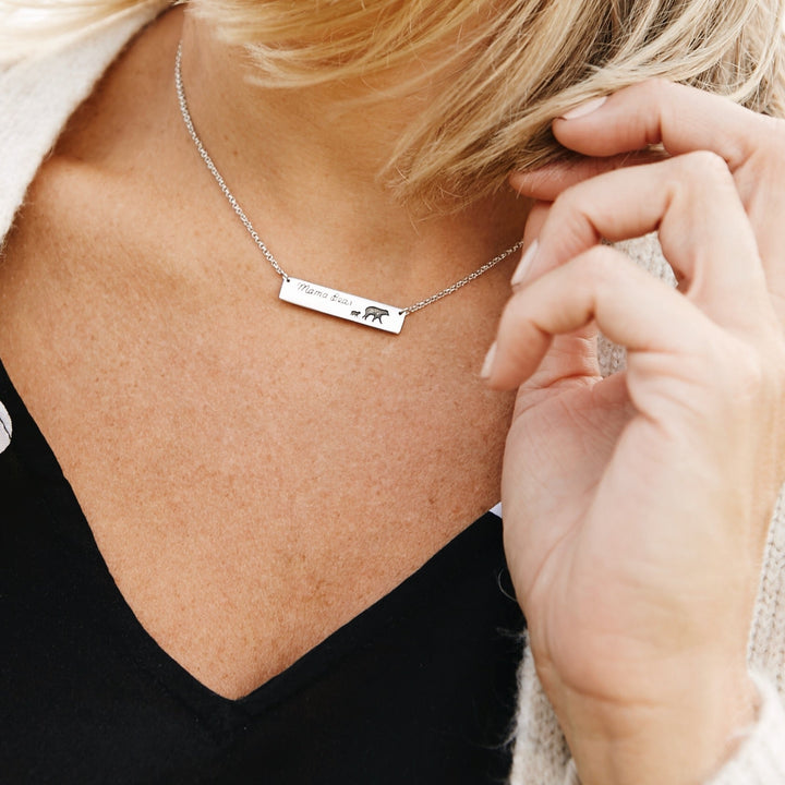Engravable Mama Bear and Baby Cubs Silver Name Bar Necklace