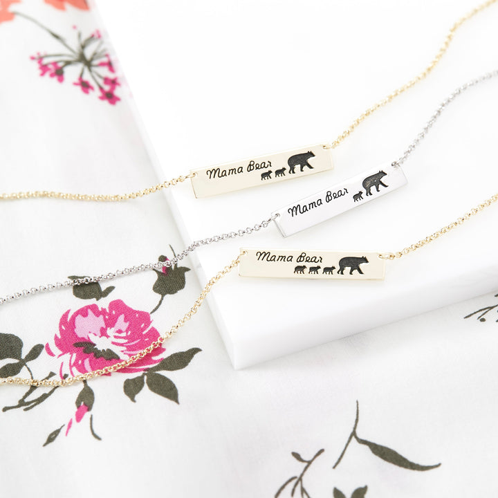 Engravable Mama Bear and Baby Cubs Silver Name Bar Necklace
