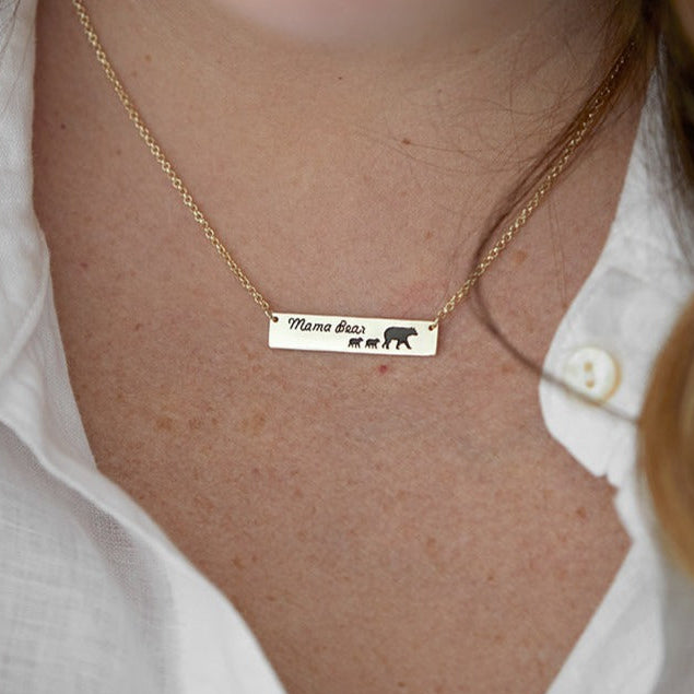 Engravable Mama Bear and Baby Cubs Silver Name Bar Necklace