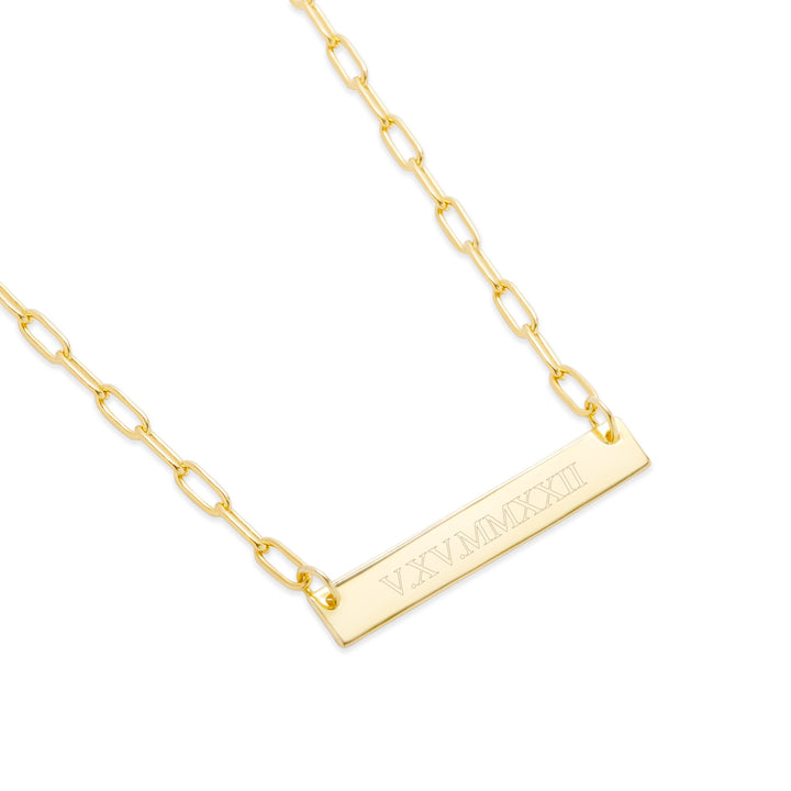 Engravable Paperclip Chain Gold Roman Numeral Bar Necklace