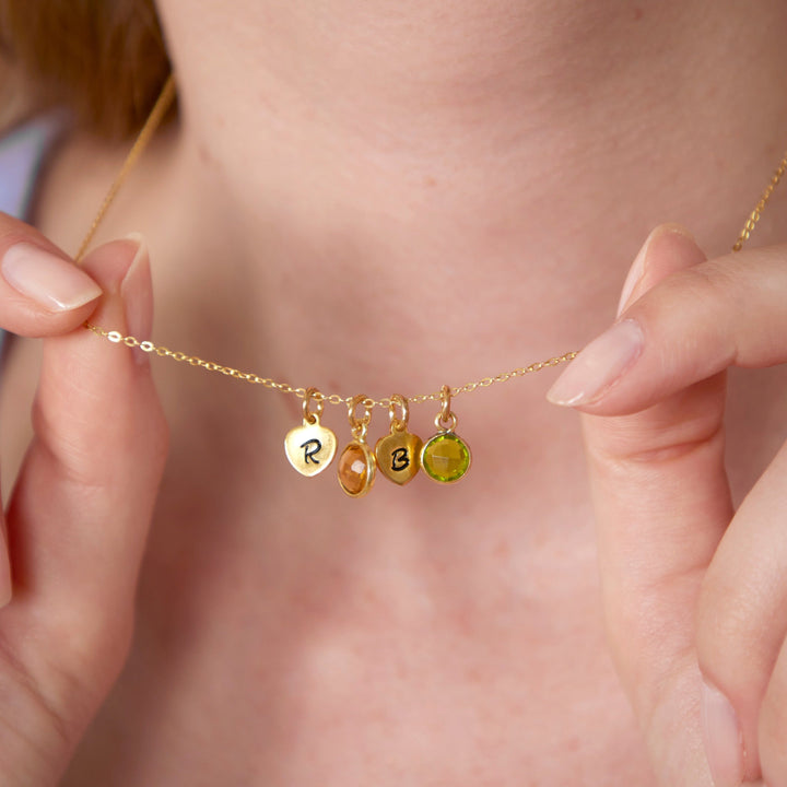 Custom Multi Hand Stamped Mini Heart Initial Birthstone Necklace