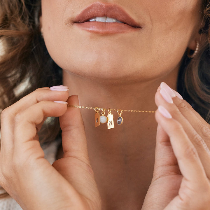 Custom Multi Hand Stamped Mini Rectangle Initial Birthstone Necklace