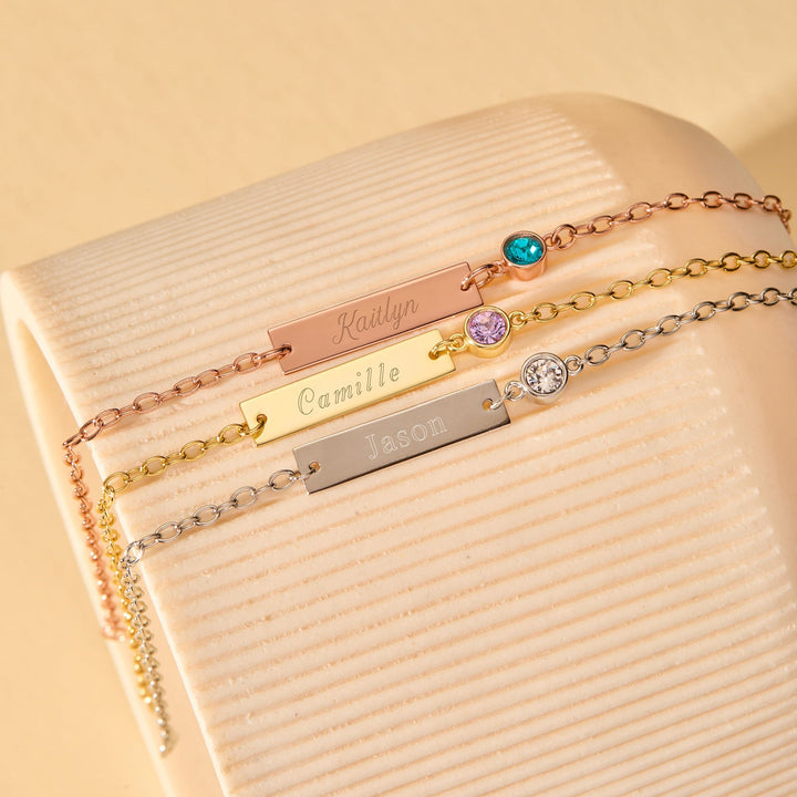 Custom Bezel Set Birthstone Name Bar Bracelet