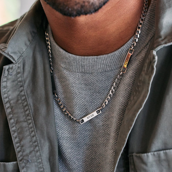 Stainless Steel Figaro Chain Engravable Name Bar Necklace