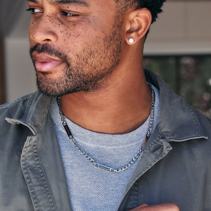 Stainless Steel Figaro Chain Engravable Name Bar Necklace