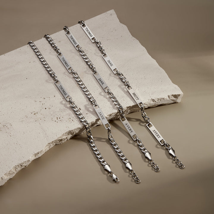 Engravable Stainless Steel Figaro Chain Name Bar Bracelet
