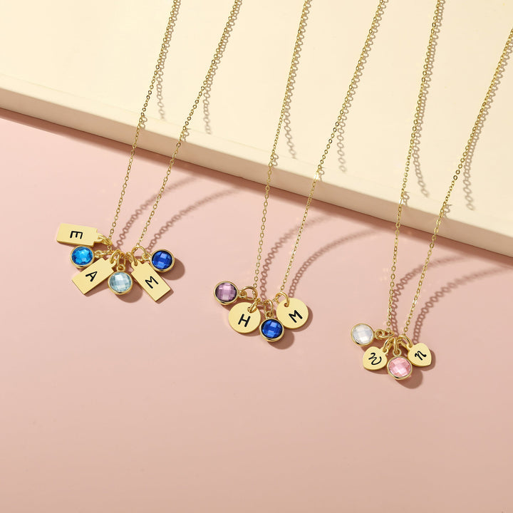 Custom Multi Hand Stamped Mini Round Initial Birthstone Necklace