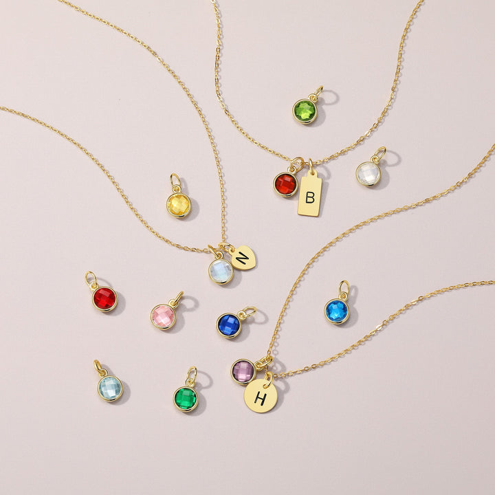 Custom Multi Hand Stamped Mini Round Initial Birthstone Necklace