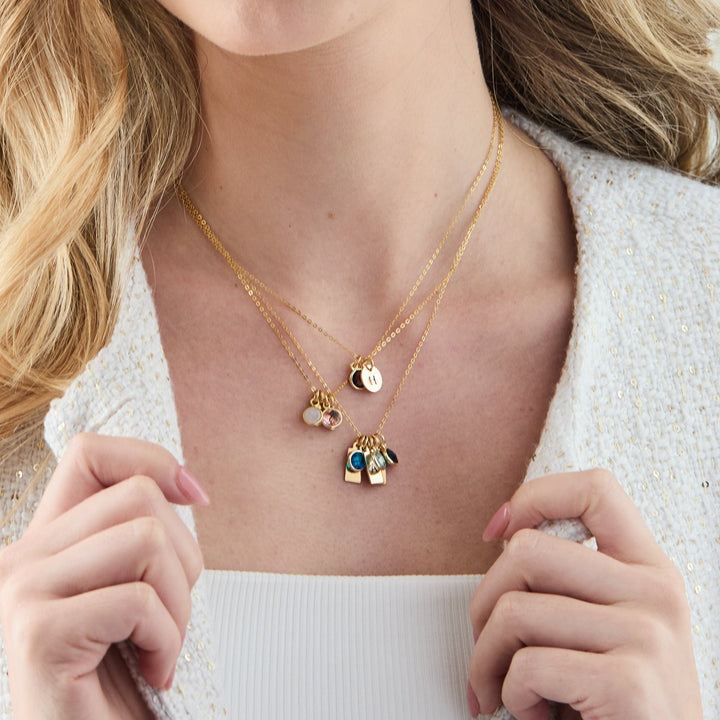 Custom Multi Hand Stamped Mini Round Initial Birthstone Necklace