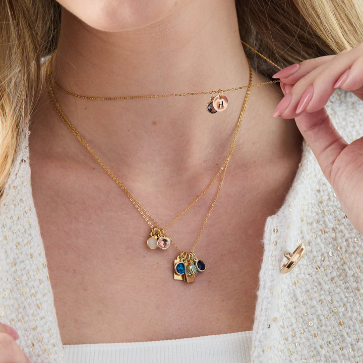 Custom Multi Hand Stamped Mini Round Initial Birthstone Necklace