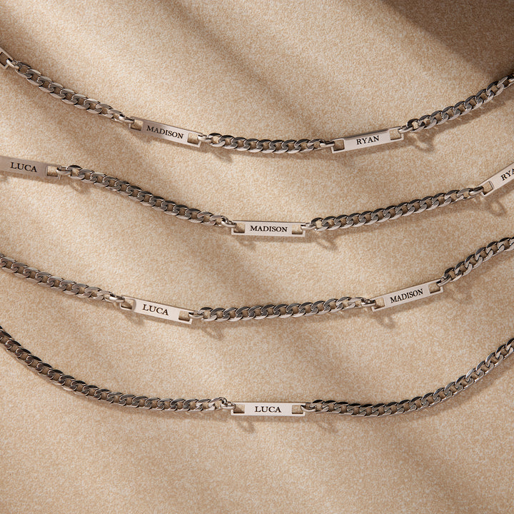 Stainless Steel Figaro Chain Engravable Two Name Bar Necklace